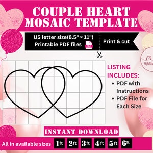 Modelo de mosaico de coração de casal, letreiro de coração, letreiro de amor, modelo de coração, moldura de balão, kits de mosaico, mosaico de balão, coração de mosaico, PDF