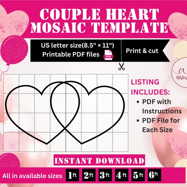 Couple Heart Mosaic Template, heart marquee, love marquee, Heart Template, balloon frame, Mosaic Kits, Balloon Mosaic, Mosaic Heart, PDF