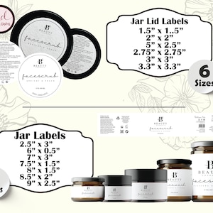 May include: A set of nine different sized jar labels and six different sized jar lid labels for beauty products. The labels are white with black text and feature the words "facescrub" and "beauty".