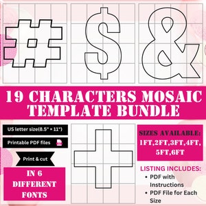 May include: A printable PDF template bundle for creating mosaic letters. The bundle includes 19 characters in 6 different fonts, with sizes ranging from 1 to 6 feet. The image shows examples of the letters #, $, and &.