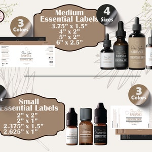 May include: Four sizes of essential oil bottle labels in three colors. The labels are brown with black text and feature the words "Pure Glow Radiance Essential Oils". The labels are available in small and medium sizes.