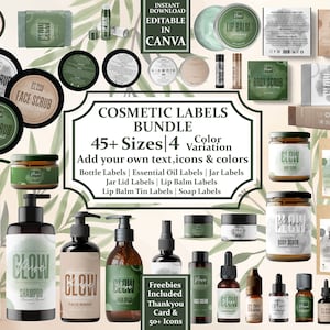 May include: A selection of cosmetic labels in green and tan, for products like face scrub and lip balm, displayed on jars, bottles, and tubes. The image includes the text "COSMETIC LABELS BUNDLE". The labels are designed for various cosmetic products.
