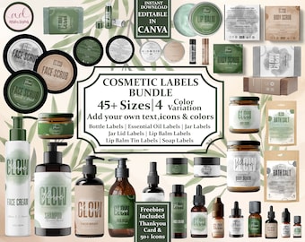 May include: A collection of cosmetic product labels, including face scrub, lip balm, and body scrub, with a green and tan color scheme. The labels are displayed on various containers, such as jars, bottles, and tubes. The text "COSMETIC LABELS BUNDLE" is visible.
