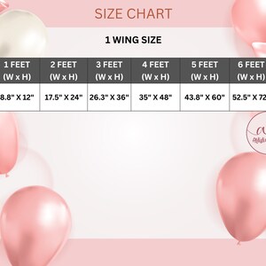 May include: Size chart for a product, with measurements in feet and inches. The chart shows dimensions for 1 wing size, ranging from 1 foot (8.8" x 12") to 6 feet (52.5" x 72"). Pink and white balloons decorate the background.