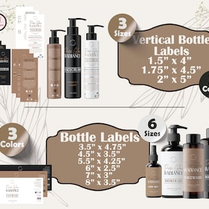 May include: Three sizes of vertical bottle labels in brown, black, and white with the text "Pure Glow Radiance" and measurements in inches. Six sizes of bottle labels in brown with the text "Pure Glow Radiance" and measurements in inches. Three bottles of body care products with labels in brown, black, and white with the text "Pure Glow Radiance" and product names.