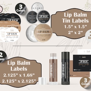 May include: Lip balm labels in two sizes, 1.5 inches by 1.5 inches and 2 inches by 2 inches, and three colors: black, brown, and white. The labels feature the text "Lip Balm" and "Strawberry & Skin Softener".