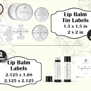 May include: Two sizes of lip balm labels, one for 1.5 x 1.5 inch and 2 x 2 inch tins, and the other for 2.125 x 1.68 inch and 2.125 x 2.125 inch tubes. The labels are white with black text and a simple design. The text on the labels reads "Beauty lipbalm".