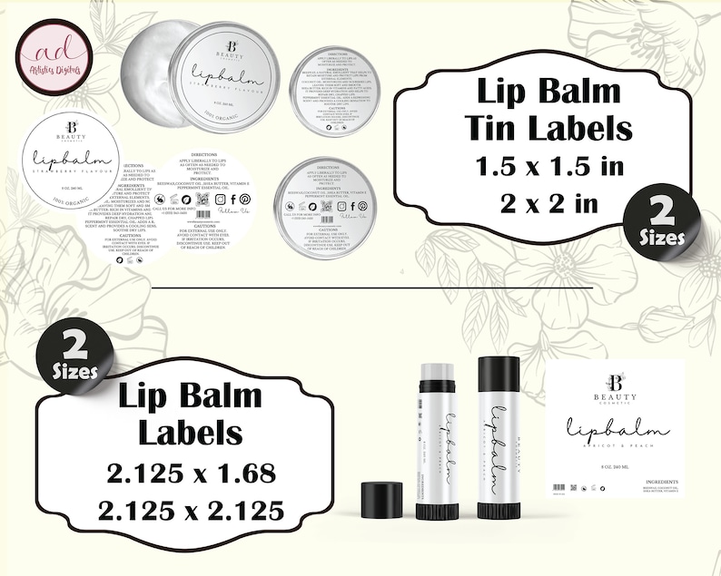 May include: Two sizes of lip balm labels, one for 1.5 x 1.5 inch and 2 x 2 inch tins, and the other for 2.125 x 1.68 inch and 2.125 x 2.125 inch tubes. The labels are white with black text and a simple design. The text on the labels reads "Beauty lipbalm".