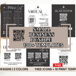 Op de afbeelding: Een digitale marketingbundel voor kleine bedrijven met meer dan 130 sjablonen. De bundel bevat drie ontwerpen in twee kleuren, gratis pictogrammen en 15 afdrukbare sjablonen. De ontwerpen bevatten QR-codes voor sociale media, beoordelingen en betalingen.