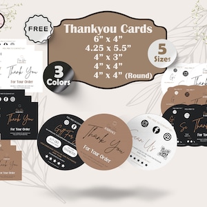 May include: Five different sizes of thank you cards in three colors. The cards are round and rectangular and feature the text "Thank You" and "For Your Order".
