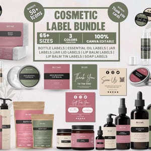 May include: A cosmetic label bundle with various sizes and colours. The image showcases bottle labels, essential oil labels, jar lid labels, lip balm labels, and soap labels. The labels feature the text "Cosmetic Label Bundle", "Blume", and "Thank You".