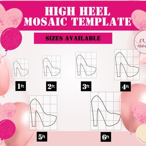 May include: A printable high heel mosaic template with six different sizes: 1 foot, 2 feet, 3 feet, 4 feet, 5 feet, and 6 feet. Each size is shown on a grid with a black outline of a high heel shoe.