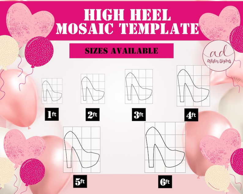 May include: A printable high heel mosaic template with six different sizes: 1 foot, 2 feet, 3 feet, 4 feet, 5 feet, and 6 feet. Each size is shown on a grid with a black outline of a high heel shoe.
