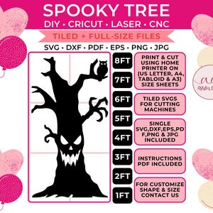May include: A digital file set titled SPOOKY TREE for DIY, Cricut, laser, and CNC projects. Includes SVG, DXF, PDF, EPS, PNG, and JPG formats. Features a black silhouette of a tree with a face and owl, plus height markers from 1FT to 8FT.