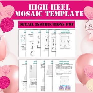 May include: A printable PDF template for creating a high heel mosaic. The template includes instructions and a diagram of the heel shape. The image also shows a finished mosaic with colorful balls.