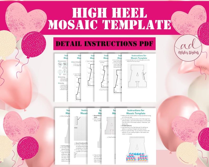 May include: A printable PDF template for creating a high heel mosaic. The template includes instructions and a diagram of the heel shape. The image also shows a finished mosaic with colorful balls.