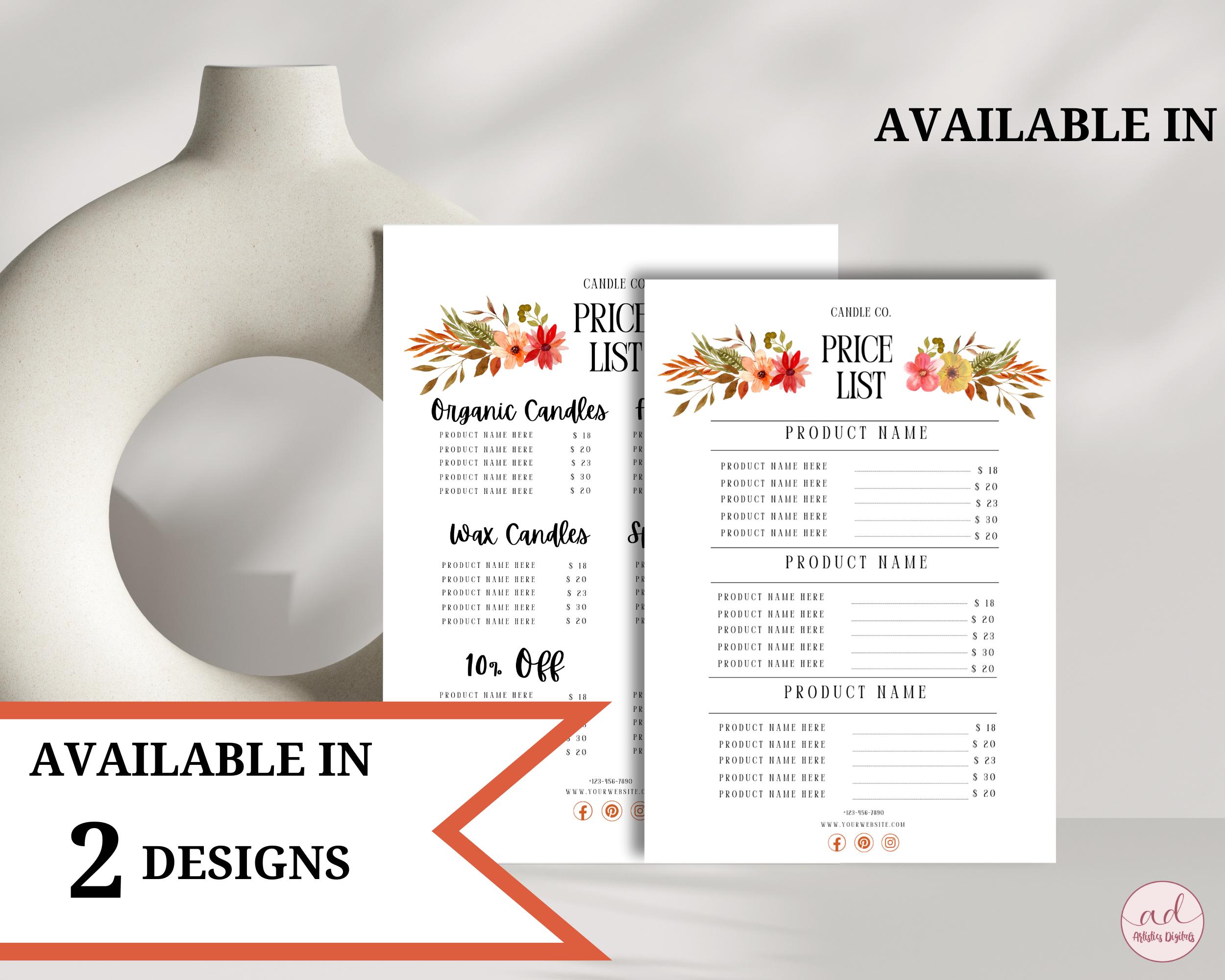 Editable Candle Price List Template, Candle Price List, Small Business ...