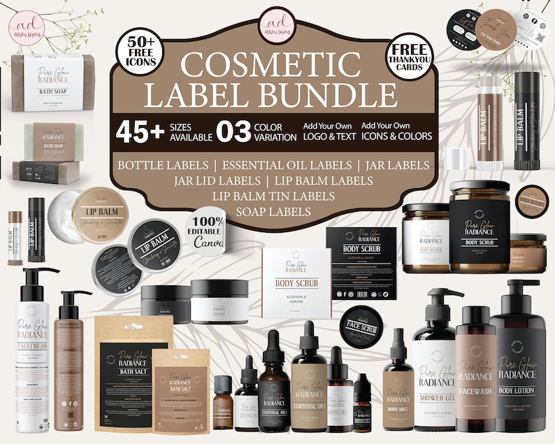 May include: A collection of 45+ customizable cosmetic labels in a bundle. The labels are designed for various products, including bath soap, body scrub, lip balm, essential oils, and more. The labels feature a modern, minimalist design with a brown and black color scheme. The text on the labels reads "Pure Glow Radiance".