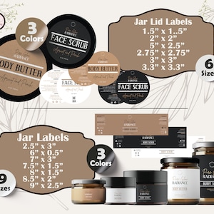 May include: A set of 9 different sized jar labels and 6 different sized jar lid labels. The labels are in 3 colors: black, white, and brown. The labels feature the text "Pure Glow Radiance" and the product names "Body Butter" and "Face Scrub".