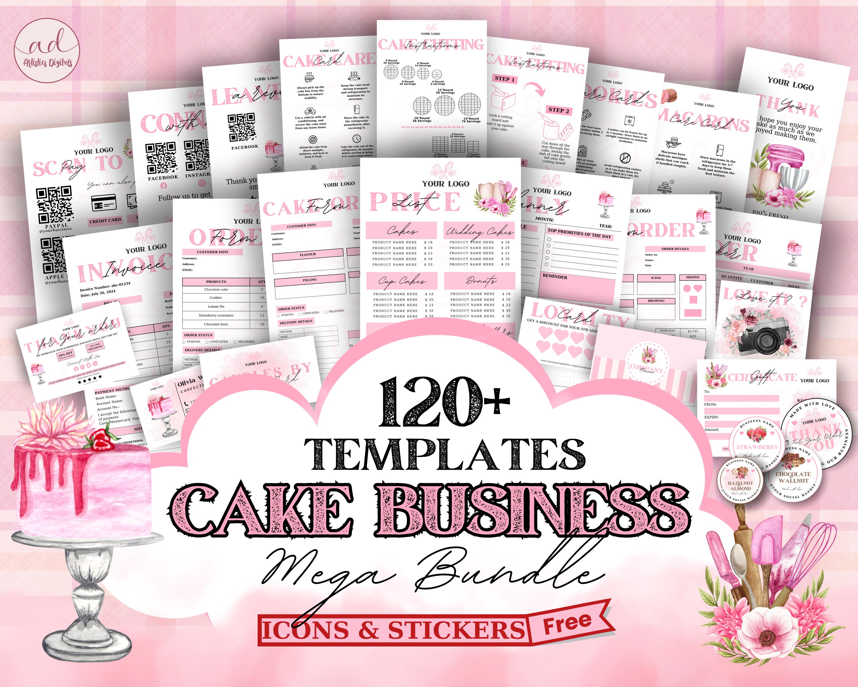 Editable Cake Business Templates Bundle, Home Bakery Business Templates Bundle, Cake Care Cards, Cake Cutting Guide, Cake Care Instruction