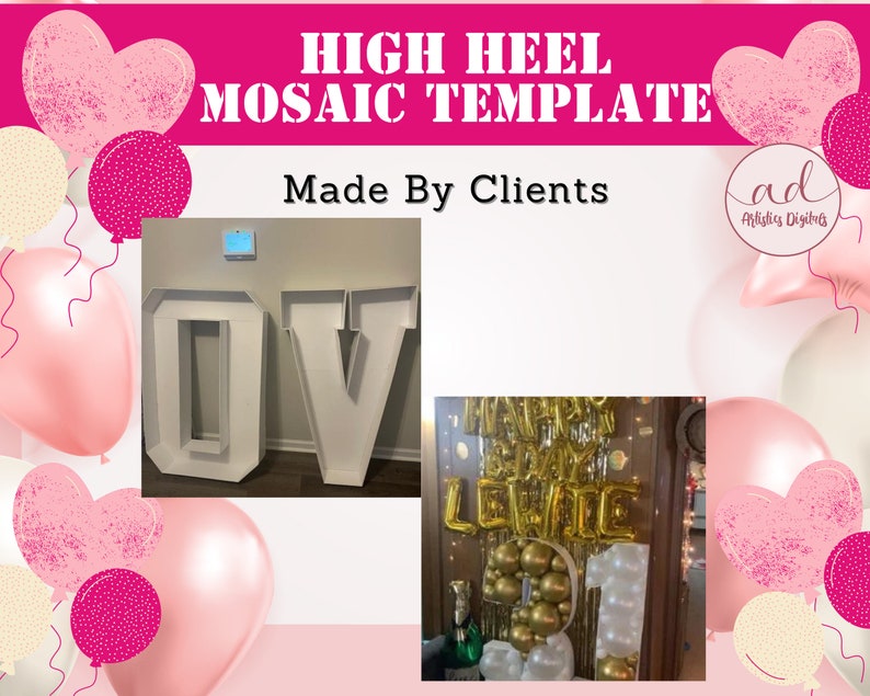 May include: Two white cardboard letters, "O" and "V", are shown in a room. The letters are large and have a hollow center. The letters are used as a template for a mosaic project. The image also shows a close-up of a gold balloon arrangement that spells "Happy Birthday Levi" with a large white balloon number "1".