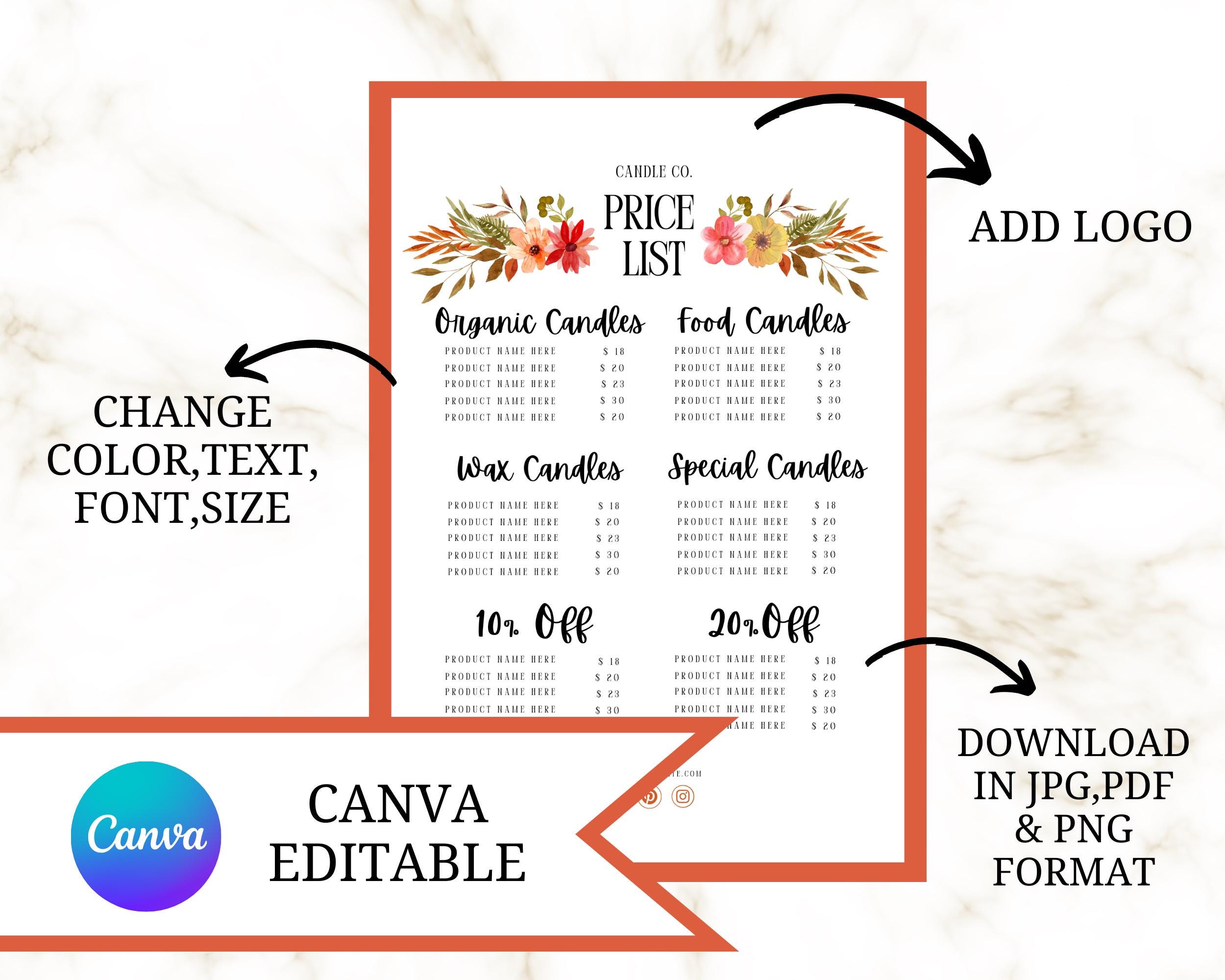 Editable Candle Price List Template, Candle Price List, Small Business ...