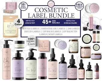 May include: A set of 45+ customizable cosmetic labels for bottles, jars, lip balms, and soap. The labels are available in four colors and feature a variety of designs, including floral patterns, geometric shapes, and text. The labels are 100% editable in Canva.