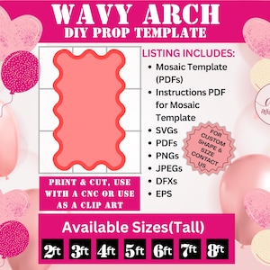 Op de afbeelding: Een roze DIY prop template met een golvend boogontwerp. De aanbieding omvat mozaïek templates, instructies, SVG's, PDF's, PNG's, JPEGs, DFX's en EPS-bestanden. Beschikbare maten variëren van 0,6 m tot 2,4 m hoog. De tekst luidt "Print & Cut, Use with a CNC or Use as a Clip Art."