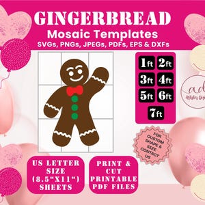 Könnte beinhalten: Ein digitales Design mit einem Lebkuchenmann mit roter Fliege und grünen Knöpfen. Das Bild enthält den Text "GINGERBREAD Mosaic Templates" und Größenoptionen von 0,3 m bis 2,1 m. Enthält auch "US Letter Größe (21,6 cm x 27,9 cm) Blätter" und "Drucken & Schneiden druckbare PDF-Dateien."