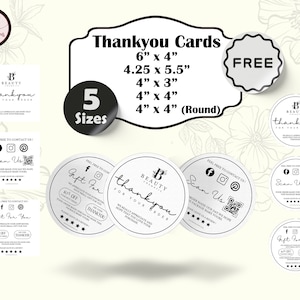 May include: Five different sizes of thank you cards for a beauty business. The cards are white with black text and a logo that says "Beauty Cosmetics". The text on the cards says "Thankyou for your order" and "Gift for you".