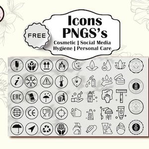 May include: A set of 40 black and white icons in circles. The icons represent various symbols related to cosmetics, social media, hygiene, and personal care. The icons include symbols for fragile, flammable, recyclable, vegan, eco-friendly, and more.