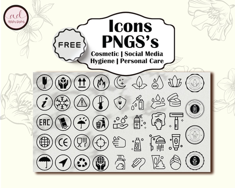 May include: A set of 40 black and white icons in circles. The icons represent various symbols related to cosmetics, social media, hygiene, and personal care. The icons include symbols for fragile, flammable, recyclable, vegan, eco-friendly, and more.