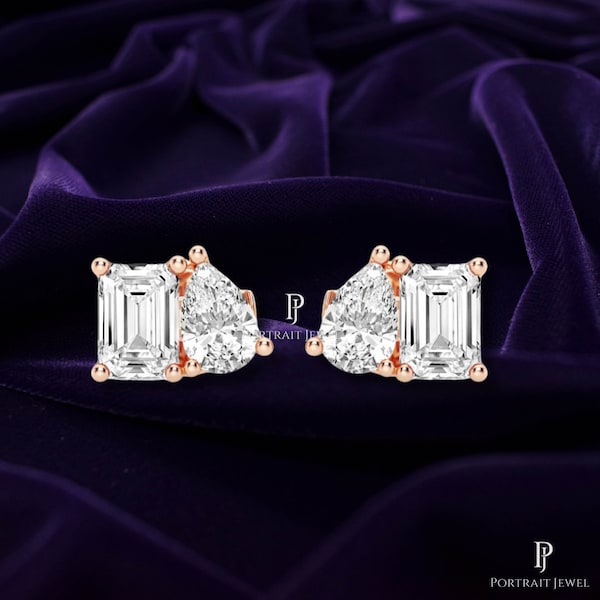 Emerald and Pear Lab Grown Diamond Two Stone Stud Earrings | 10k Gold Toi et Moi Earrings | Earrings For Women | Toi et Moi | Gift For Her