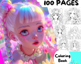 Anime Princess Coloring Book, Kawaii Manga Style, 100 Pages (Digital Download)