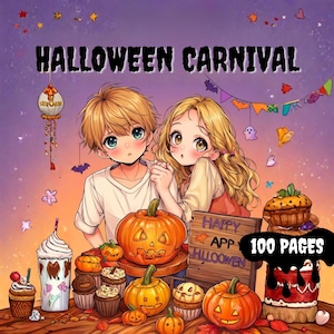 May include: A book cover titled HALLOWEEN CARNIVAL featuring an anime-style illustration of two children with blonde hair, surrounded by jack-o'-lanterns, cupcakes, a drink, and a wooden sign that reads HAPPY HALLOWEEN, with the text 100 PAGES.