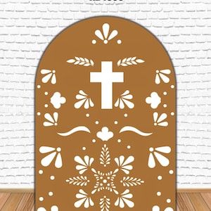 May include: A brown arch-shaped backdrop with a white cross and white floral designs. The backdrop is approximately 71 inches tall and 47 inches wide. The text "Approx H71"xW47" AB4609" is printed at the top of the backdrop.
