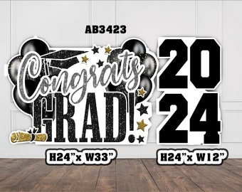 AB3423QS Congrats Grad black and silver graduation sign Party decorations Props Coroplast Panels, Machine Cut (No stands included)