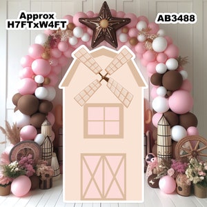May include: A brown and pink balloon arch with a large brown and pink windmill cutout. The cutout is approximately 7 feet tall and 4 feet wide. The text "AB3488" is in the top right corner of the image.