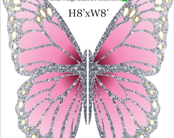 Silver and pastel pink 8x8 giant butterfly backdrop Party decorations Props Coroplast Panels, Contour Machine Cut, (No stands included)