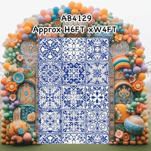 May include: A blue and white patterned tile backdrop with the text "AB4129 Approx H6FT x W4FT". The backdrop is framed by a colorful balloon arch.