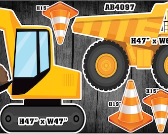 AB4097FS (SB) Yellow construction trucks Theme Backdrop Party decorations Props Coroplast Panels, Contour Machine Cut, (No stands included)
