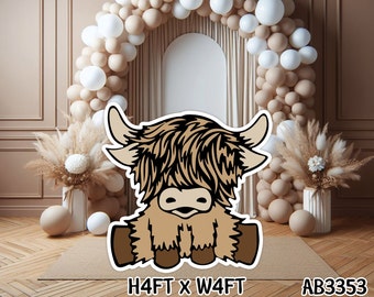 Cute Giant Highland 4x4 Cow Backdrop Party decorations Props Coroplast Panels, Contour Machine Cut, (No stands included)