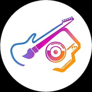 May include: A circular logo featuring a guitar, paint brush, and a camera, all in a gradient of blue, purple, and orange. The design is set against a white background with a black border.