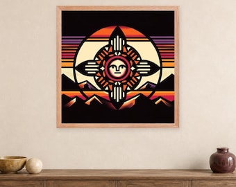 Puede incluir: Una pieza de arte mural cuadrada enmarcada que presenta un rostro solar estilizado en el centro de un patrón geométrico circular. El diseño incluye siluetas de montañas superpuestas en tonos negro, naranja y rojo sobre un fondo oscuro.
