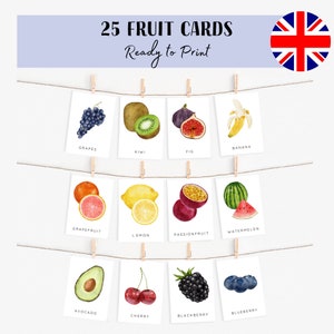 25 Fruits Anglais Flashcards Langue | Montessori | Préscolaire | Cartes éducatives imprimables | Ressources pour la petite enfance | Discours