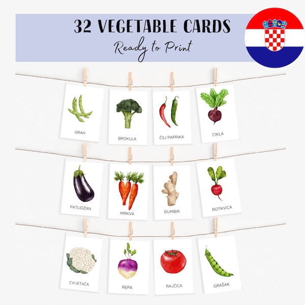 32 Vegetables Croatian | Hrvatski | Flashcards Language | Montessori | Preschool | Educational Printable Cards | Early Childhood | Speech