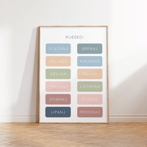 Decoración del dormitorio del cartel de los niños croatas / Neutral / Guardería / Decoración del dormitorio de la guardería de la escuela en casa / Niños bilingües / Meses del año