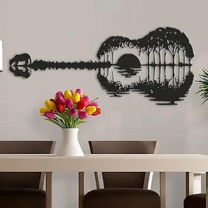 XXL Décoration murale Guitare coucher de soleil, image de guitare coucher de soleil 2D, décoration murale en cadeau, décoration de salon