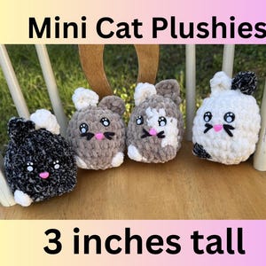 May include: Four mini cat plushies, each approximately 3 inches tall, in various colors including black, gray, and white. The plushies have embroidered facial features and small pink noses. The image includes the text "Mini Cat Plushies" and "3 inches tall".