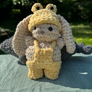 Crochet Plush Bunny in Frog Costume and Overalls